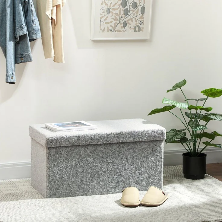 HOMCOM Sitzbank mit Stauraum faltbar Polsterbank mit Samtoptik, Sitztruhe, Truhenbank für Wohnzimmer Schlafzimmer Flur 76 x 38 x 38 cm, Hellgrau – Bild 5