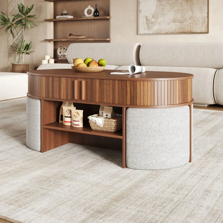 Ovaler Stauraum-Couchtisch mit vertikaler Rillenverkleidung, Couchtisch-Set mit Stoffhockern, Korpus aus Spanplatte+MDF, Metallgriffe, Couchtisch mit Schiebetüren an der Vorderseite--Nussbaum--120x60x51.5cm--YOUDENOVA – Bild 2