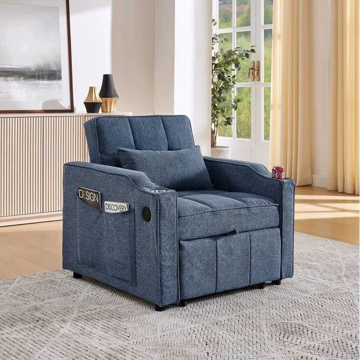 Schlafsessel mit Stoffbezug, USB-Anschluss & Bettfunktion, 190 cm Liegefläche, Navyblau – Bild 3