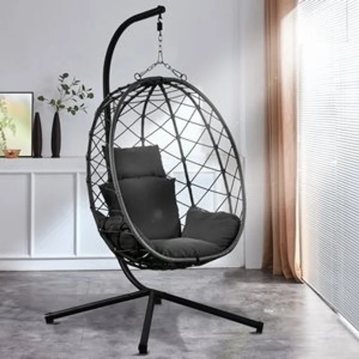 Luxus Hängesessel NEW XXL Gestell Schwarz mit Korb und Relaxkissen Dunkel Grau – Bild 6