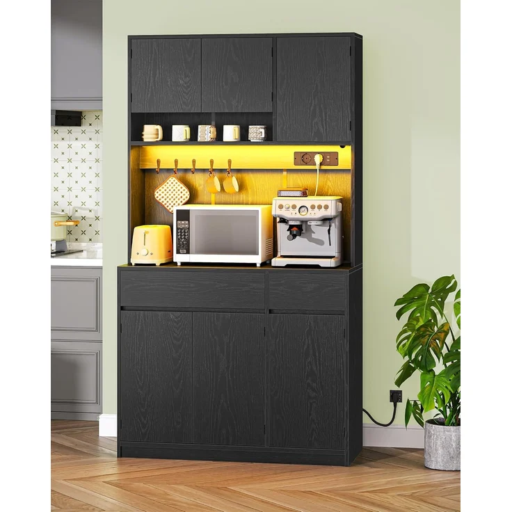 Küchenschrank, mit Steckdosen und Led-Lichtleisten, mit Arbeitsplatten und 2 Schubladen, Verstellbare Einlegeböden, Holz Schwarz, 40 x 100 x 180 cm – Bild 3