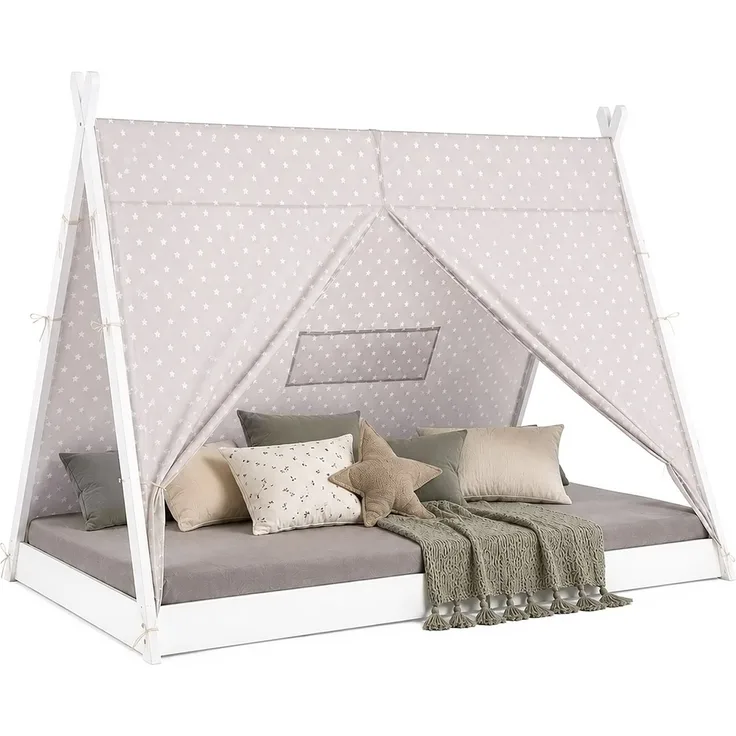 Kinderbett TIPI 90x200 Jugendbett weiß grau Holzbett Kinderzimmer Stoff