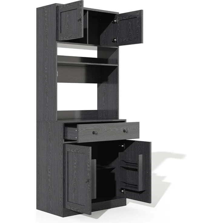 U-life Küchenschrank, fürs Wohnzimmer, Hochschrank mit LED, Küchenregal mit Steckdose, Gewürzregal, Durchdachtes Stauraumkonzept, MDF, Schwarz – Bild 8