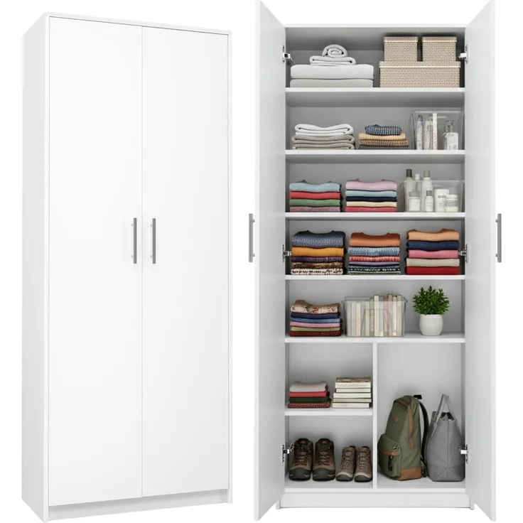 Home Collective Mehrzweckschrank Schrank weiß 74cm Breite 180cm Höhe mit sechs Einlegeböden mit Extrafach, Aktenschrank Haushaltsorganisation aus MDF-Holz