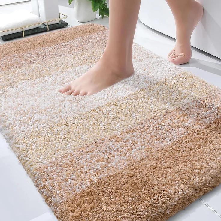 OLANLY Luxuriöse Badezimmerteppichmatte, extra weiche und saugfähige Mikrofaser-Badteppiche, Rutschfester Plüsch-Shaggy-Badteppich, maschinenwaschbar, Badematten für Badezimmerboden, 61x91 cm, Beige