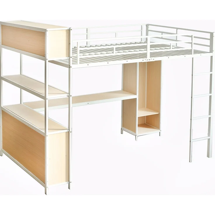EINHOM Eisenbett, Hochbett, Doppelstöckiger Stauraum unter dem Schreibtisch, Oberes Bett mit Stauraum, Mit Kleiderschrank, Eisen + Spanplatte, Weiß+Natur, 140 x 200 cm (Ohne Matratze) – Bild 5