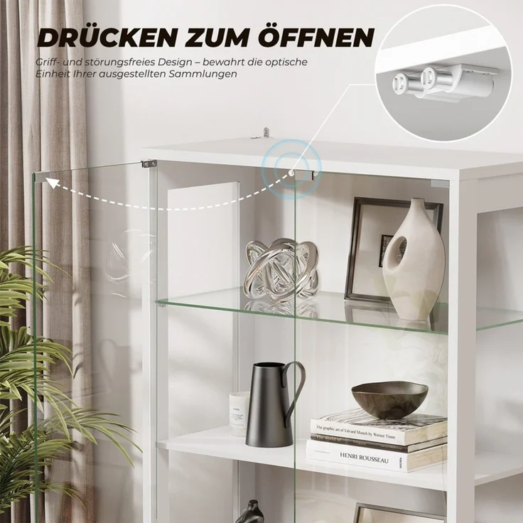 Glasvitrine 76x35x170 cm, 4-stöckige Vitrine mit Glastüren und verstellbaren Glasböden, LED-Beleuchtung und Sensor, Weiß – Bild 6