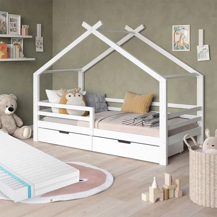 Hausbett Luni Weiß 200 x 90 cm mit Schubladen und Matratze Vitalispa – Bild 3