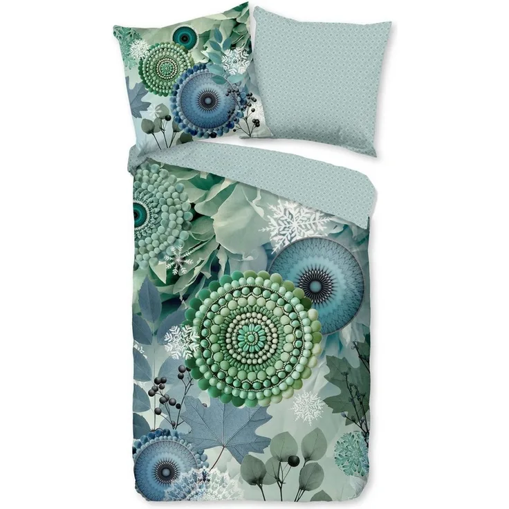 hip Flanell Bettwäsche 135x200 Isehin Mandala Blätter kalt blau-grün 33374