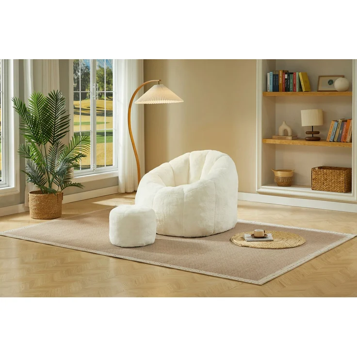 Weicher Blüten-Sitzsack für Erwachsene mit Fußhocker, vakuumverpackt ohne Montage, ideal für Wohnzimmer, Schlafzimmer & Balkon,Cremeweiß--Cremefarben--105x105x70cm--YOUDENOVA – Bild 6