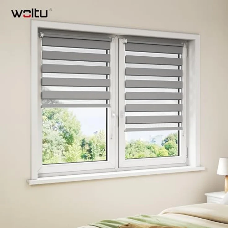 WOLTU Doppelrollo Klemmfix ohne Bohren Holzlook Grau B70 x H150 cm, Duo Rollo lichtdurchlässig Fensterrollo für innen verdunkelnd, Zebrarollo mit Kettenzug - Seitenzugrollo für Fenster und Tür – Bild 2