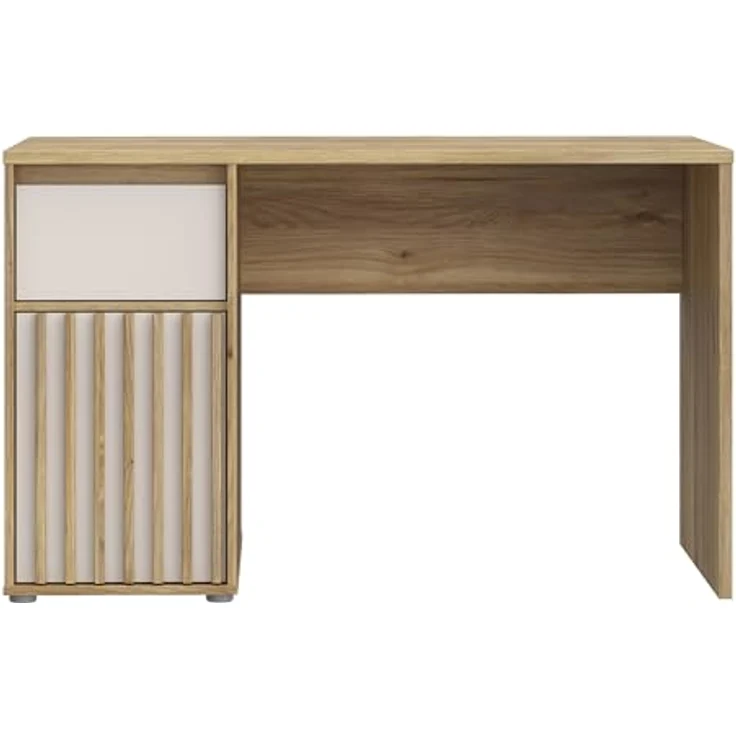 Forte ELISTON Schreibtisch 120, moderner Schreibtisch mit Lamellendesign, Schrank und Schublade, Schlafzimmer, Büro, Mauvella Eiche Holzdekor|Kashmir Beige, 120 cm breit x 74,4 cm hoch x 60 cm tief – Bild 4
