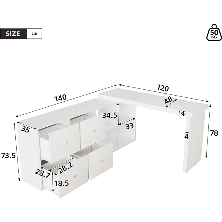 EINHOM Ecktisch, Tischplatte 360°schwenkbar- L-förmig oder gerade aufstellbar, Tischplatte und Beine 4 cm verstärkt, mit 4 Fächern, 4 Schubladen - Schreibtisch, Weiß, Nach links gerichtet – Bild 2