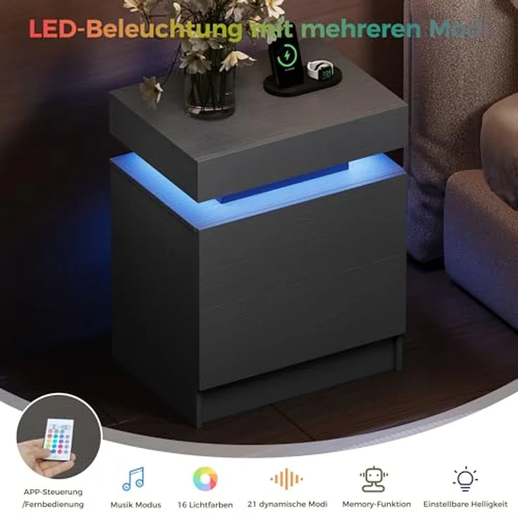 IRONCK Nachttisch Grau mit LED-Licht & Ladefunktion, Beistelltisch mit USB+Typ-C Anschlussen, Nachtschrank mit 2 Schubladen, Sofatisch für Schlafzimmer, Wohnzimmer, 35 x 48 x 60 cm – Bild 5
