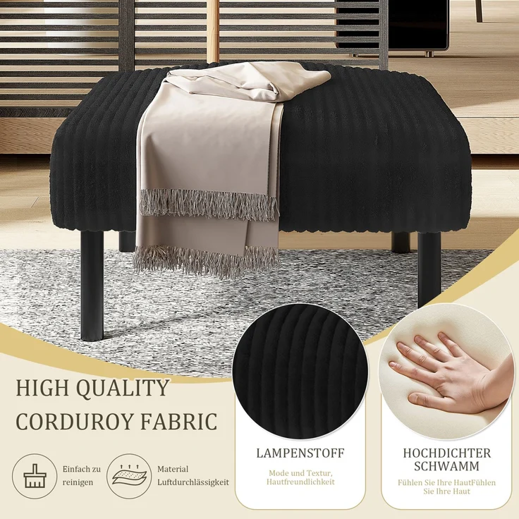 DESVIAE Hocker gepolstert 56x51x39 cm aus Cordstoff Schwarz mit Metallgestell – Bild 4