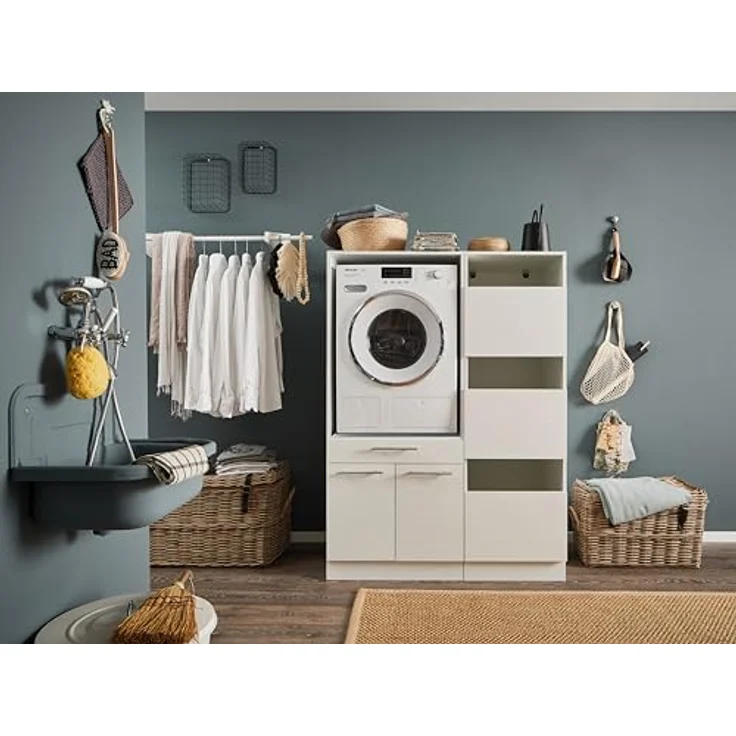 Laundreezy Waschmaschinenschrank und Wäscheschrank, Weiß - Waschmaschinen-Überbauschrank TÜV-Zertifiziert mit viel Stauraum - 117,5 x 162 x 67,5 cm (B/H/T) – Bild 3