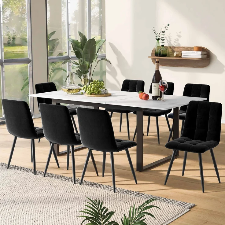 Essgruppe 8-tlg, ausziehbarer Tisch 140-180x80 cm weiß/schwarz, 8 Samtstühle schwarz – Bild 1