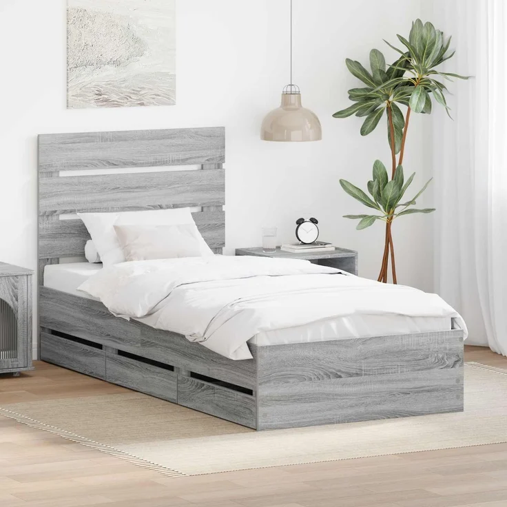 vidaXL Bettrahmen mit Kopfteil Sonoma-Grau 75 x 190 cm Ingenieurs Holz 3411872 – Bild 1