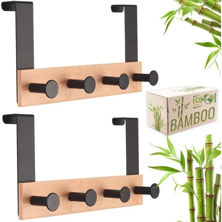 RICOO Garderobenleiste Tür Hakenleiste Hängegarderobe Türhakenleiste aus Bambus Stahl 4 Haken (2-er Set / 2 Stk. / MH029N-4x2, 2 St, Türgarderobe Garderobenhaken Tür Hakenleiste Platzsparende Garderobe), Garderobe ohne Bohren Kleiderhaken Tür bis max 2... – Bild 1