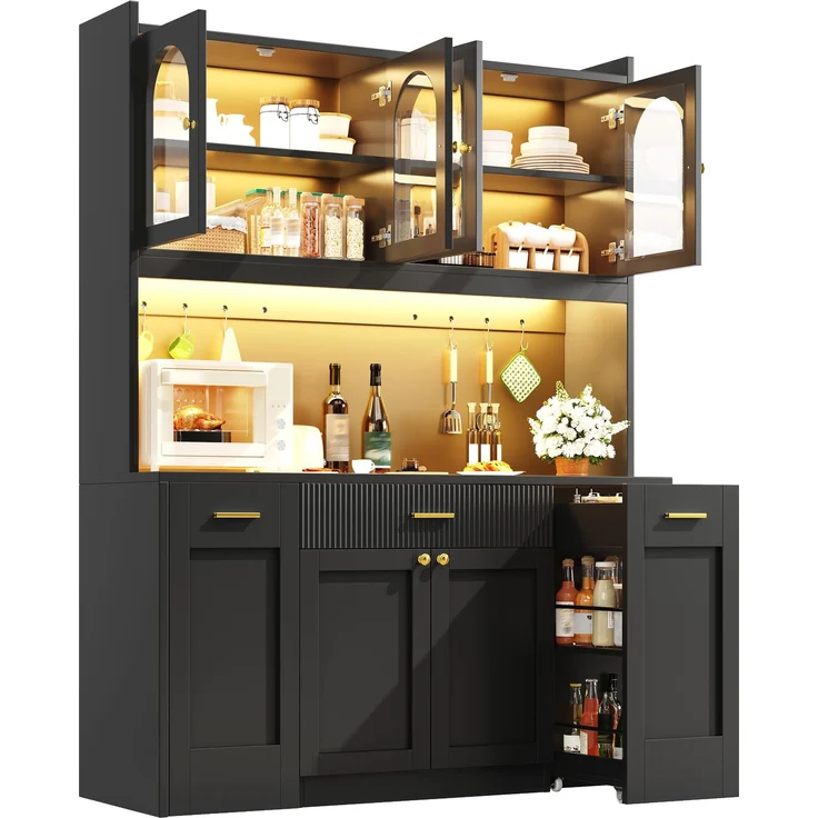 Hochküchenschrank 120cm mit RGB-LED, App-Steuerung, 3 Glasvitrinen, Schubkästen & beidseitigen Roll-Ablagen, Weiß/Schwarz – Bild 6