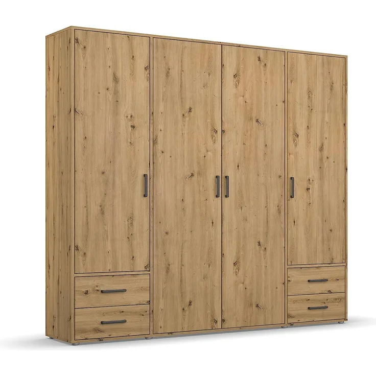 Rauch Möbel Voyager Schrank Kleiderschrank Drehtürenschrank, Eiche Artisan, 4-türig mit 4 Schubladen, inkl. 1 Kleiderstange, 5 Einlegeböden BxHxT 187x194x53 cm