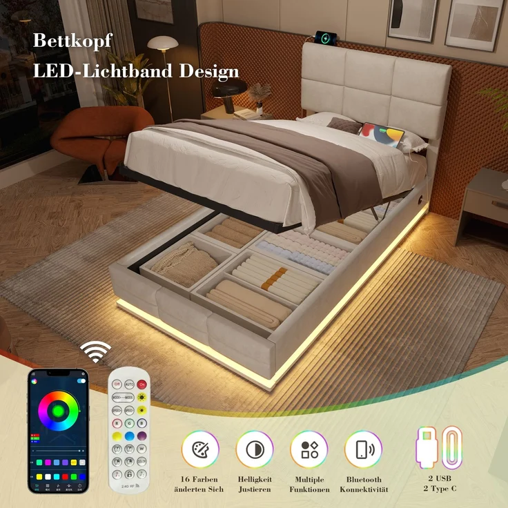 TavilaEcon Boxspringbett Modernes Polsterbett mit höhenverstellbarem Kopfteil & LED-Beleuchtung beige Liegefläche 90 × 200 cm – Bild 6