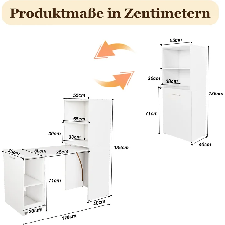 Schreibtisch-Kombischrank in Weiß mit ausziehbarer Tischplatte und verstellbaren Ablagen,136x126x55 cm – Bild 5