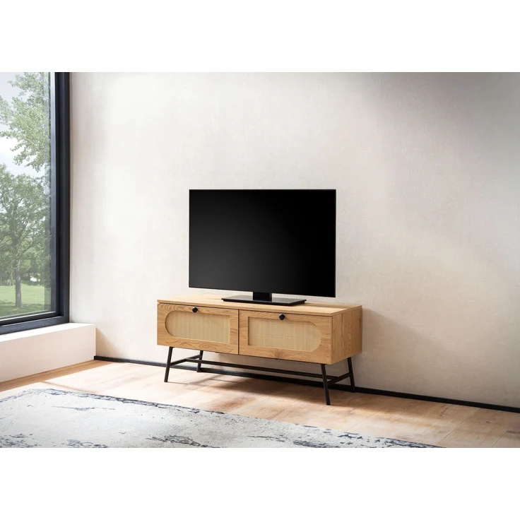 FINEBUY Lowboard FB104346 (Eiche Dekor 100 cm, Schublade Stauraum Geflecht), TV-Kommode Hoch, TV-Schrank Modern Fernsehtisch – Bild 2