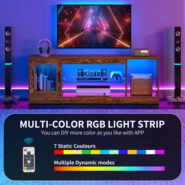YITAHOME TV-meubel, Retro brandhout, 148 * 32 * 51cm, in hoogte verstelbare glazen Plank, 144cm RGB zevenkleurige lichtstrip, inclusief afstandsbediening met knoopbatterij – Bild 2