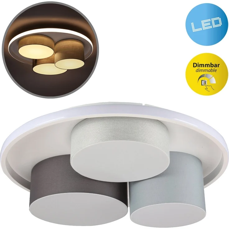 näve LED Deckenleuchte Eppan, Dimmfunktion, LED fest integriert, Warmweiß, in 3 Stufen dimmbar über Wandschalter, Schirme: Textil, grau, weiß – Bild 1