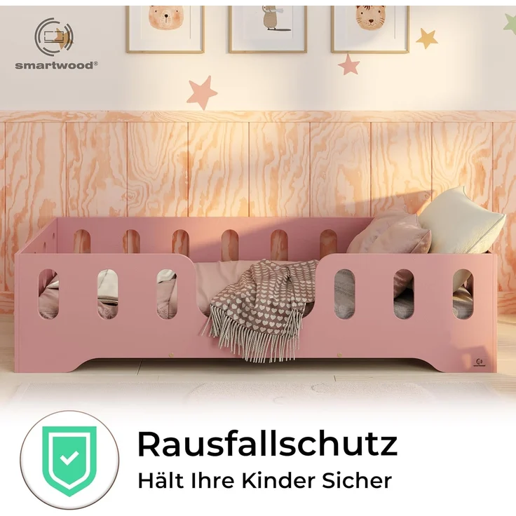 smartwood Kinderbett Bodenbett 140x180 mit Rausfallschutz & Lattenrost - Rosa - Kinder Montessori Bett TILA 2 mit glatten Kanten - Betten für schnelle Montage - Bis 300 kg belastbar – Bild 5