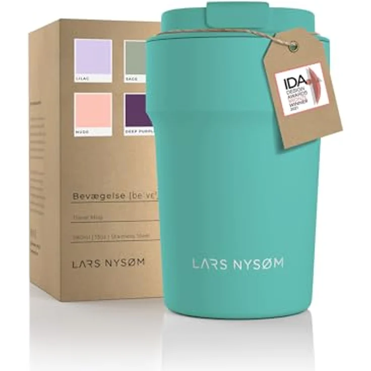 LARS NYSØM Thermo Kaffeebecher to go 380ml | Travel Mug 0,38 Liter mit Isolierung | Auslaufsicherer Edelstahl Thermobecher für Kaffee und Tee unterwegs | Teebecher (Aqua Turquoise, 380ml) – Bild 1