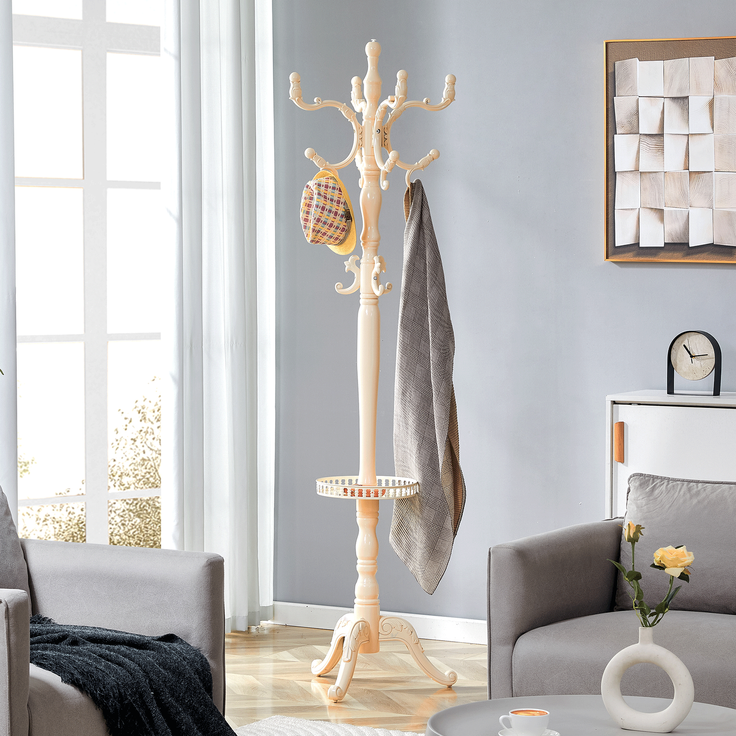 Kleiderständer 195x50x48 cm, cremeweißes Massivholz mit Mehrfachhaken – Bild 2
