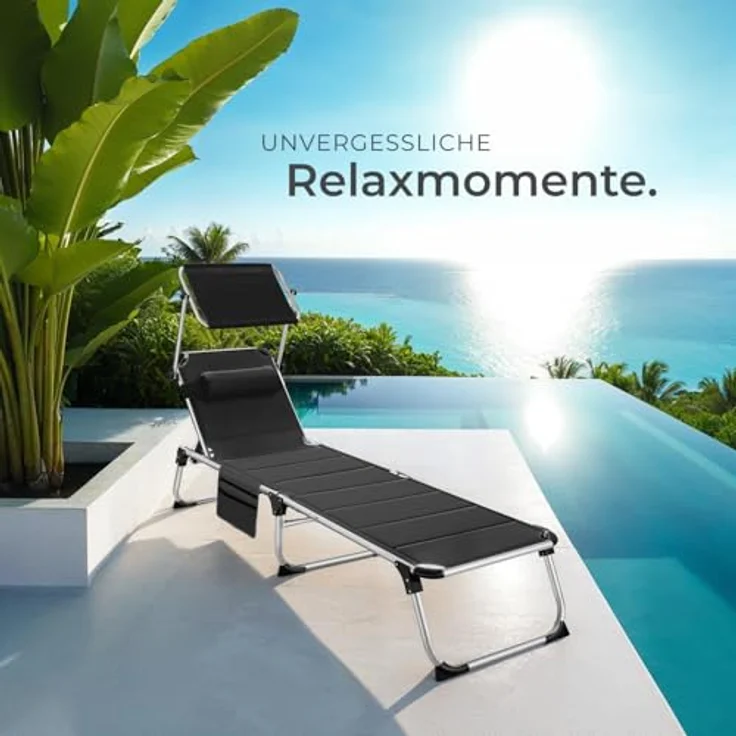 tectake® Sonnenliege mit Dach, Liege klappbar mit Kopfkissen + Seitentasche, zusammenklappbar, leicht tragbar, Strandliege, Liegestuhl klappbar für Garten, Sonnenliege Camping - schwarz – Bild 9