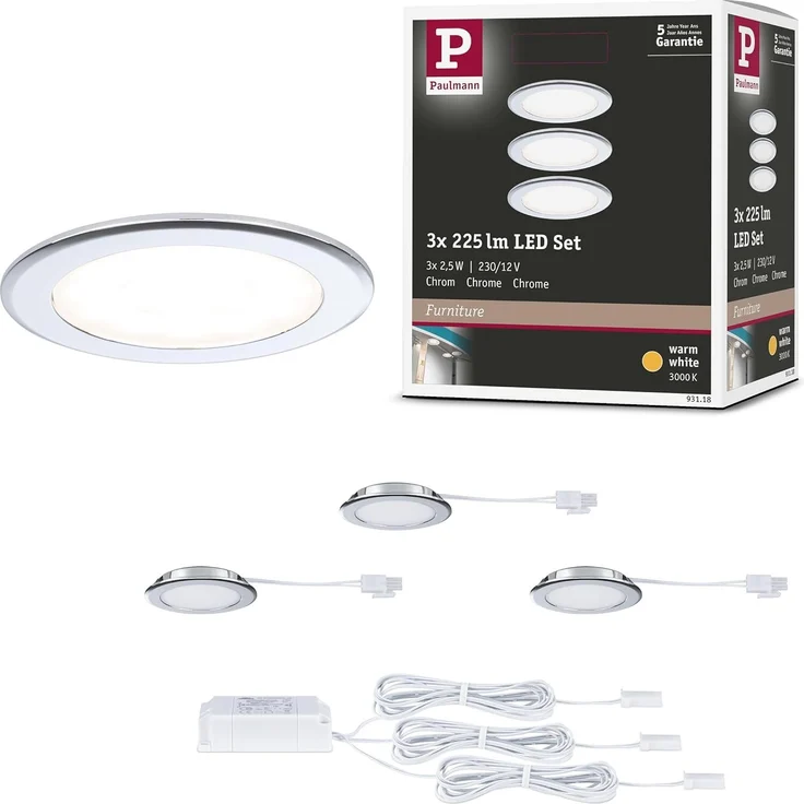 Paulmann 93118 LED Möbeleinbauleuchten 3er Set 3000K Chrom – Bild 1