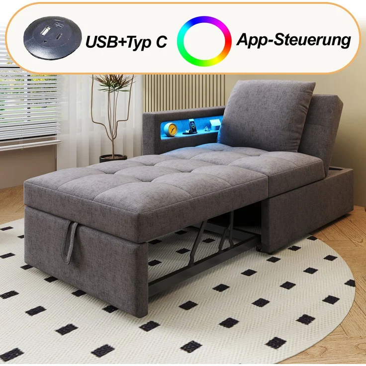 Merax Polsterbett Schlafsofa 3 in 1 Multifunktions-Schlafsofa, Leinenstoffsofa mit verstellbarer Rückenlehne, Die Armlehne verfügt über LED-Lichtleisten und USB-/Typ-C-Anschlüsse, Dunkelgrau – Bild 6