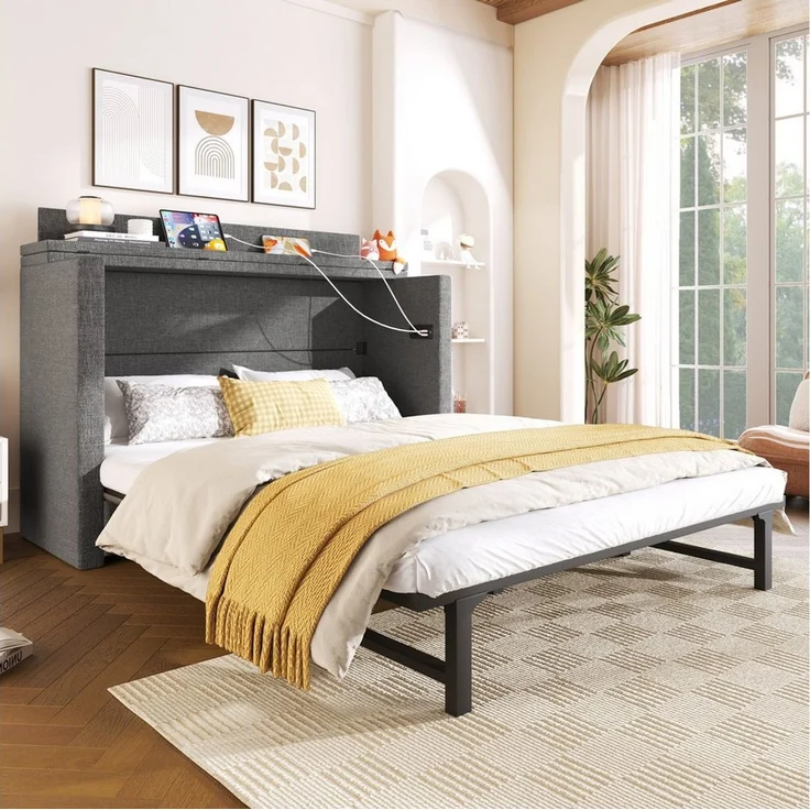 Odikalo Schrankbett Polsterbett Einzelbett 140x200 mit Schublade und USB (Mit einer Schublade,Mobiles Schrankbett mit Ablagefach am Bett, mit USB- und Typ-C-Anschlüssen, Umbaubares Plattformbett, Ohne Matratze,Leinen, Beige) /gray – Bild 1