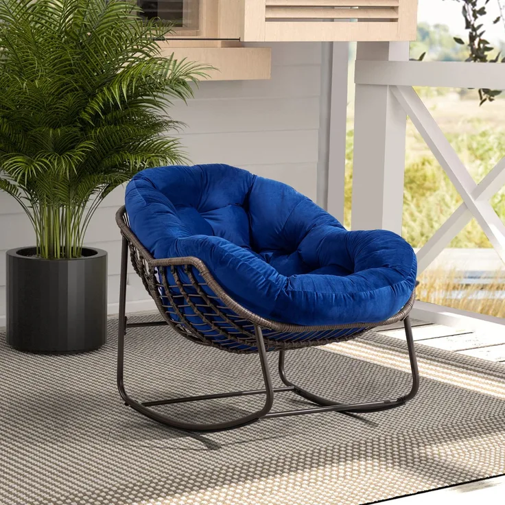 JARDJ Rattan-Schaukelstuhl für den Außenbereich, gepolsterter Schaukel- und Liegesessel für Veranda, Wohnzimmer, Terrasse, Garten, Marineblau