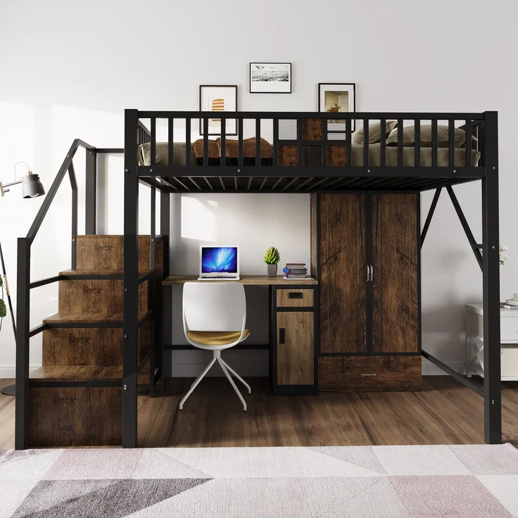 EINHOM Metall-Hochbett 140 x 200 cm mit Markantem Geländerdesign aus Holz und Metallgitter, Komplett mit Großem Kleiderschrank, Schubladen und Aufbewahrungsleiter, Schwarz (Ohne Matratze) – Bild 3