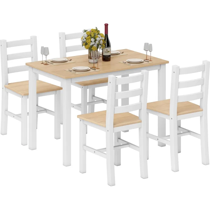 MELAYR, 5-teiliges Essgruppe für 4 Personen, Landhaus-Esstisch und Stühle aus Massivholz, Natur/Weiß, 108 x 65 x 75 cm