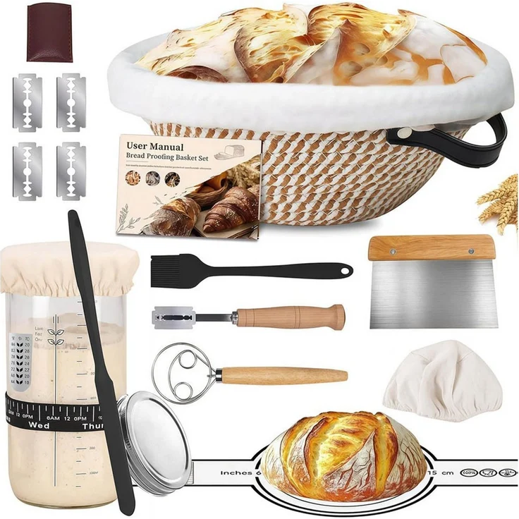 PFCTART Gärkorb 10-tlg. Gärkorb Brotbackset Ø23 cm – Rundes Gärkörbchen, (Set 10-tlg), Handgeflochten, atmungsaktiv mit Sauerteig Starterglas – Bild 1