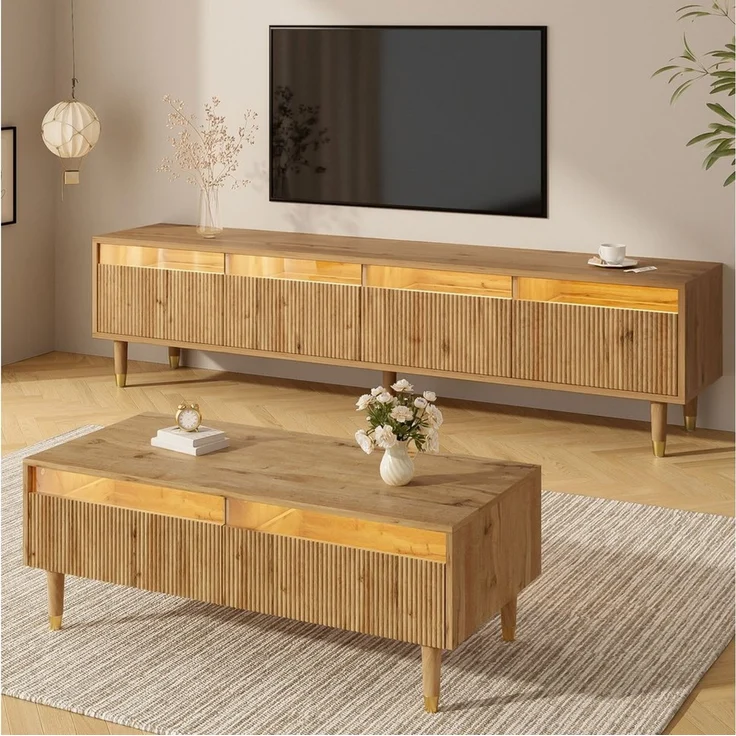 STILVORA Sideboard mit Lowboard&Couchtisch,Möbelset Wohnzimmerset mit LED&Acrylfront (TV-Schrank+Wohnzimmertisch, 2 St, Couchtisch 110x50x40cm + TV-Ständer 178x35x45cm), Wellenstruktur und Acrylfronten, Gold-Design – Bild 3