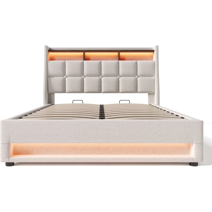 Polsterbett 180x200 cm mit USB, LED und Stauraum – Bettgestell aus Leinenstoff in Hellbeige – Bild 8