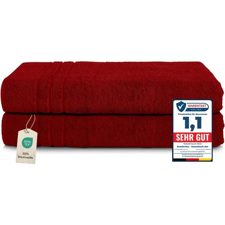 Komfortec 2er Saunatuch Set 80x200 cm aus 100% Baumwolle, XXL-Saunatücher, Sauna Handtuch, Weich, Groß, Frottee, Schnelltrocknend, Aurorarot