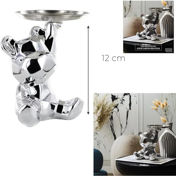 HOME DECO FACTORY Bären-Statue Schale Resin Einzigartig Silber | Resin, Bären-Statue mit Ablageschale, einzigartiges praktisches Design, Dekoration, Wohnzimmer oder Flur, Silber – Bild 5