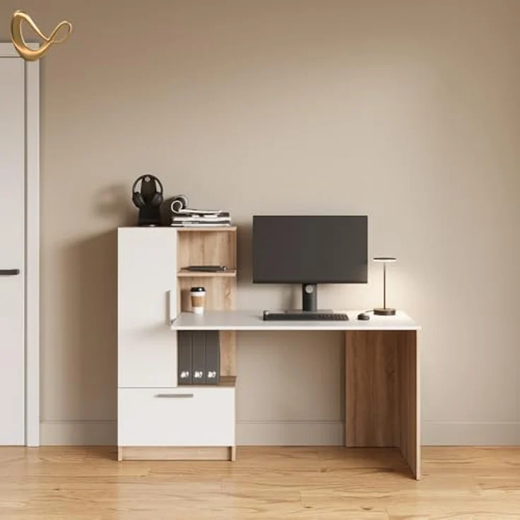 Livinity® Schreibtisch Lorena, Sonoma/Weiß, 150 x 120.1 cm mit 2 Türen (1-St) – Bild 7