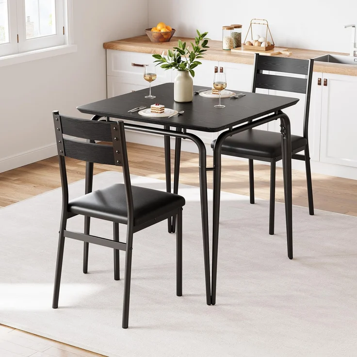 IDEALHOUSE Modernes 3-teiliges Esszimmer-Set für 2 Personen – Platzsparender quadratischer Tisch mit 2 Stühlen – Stabil & ideal für kleine Küchen, Apartments – Elegantes Design – Farbe: Schwarz