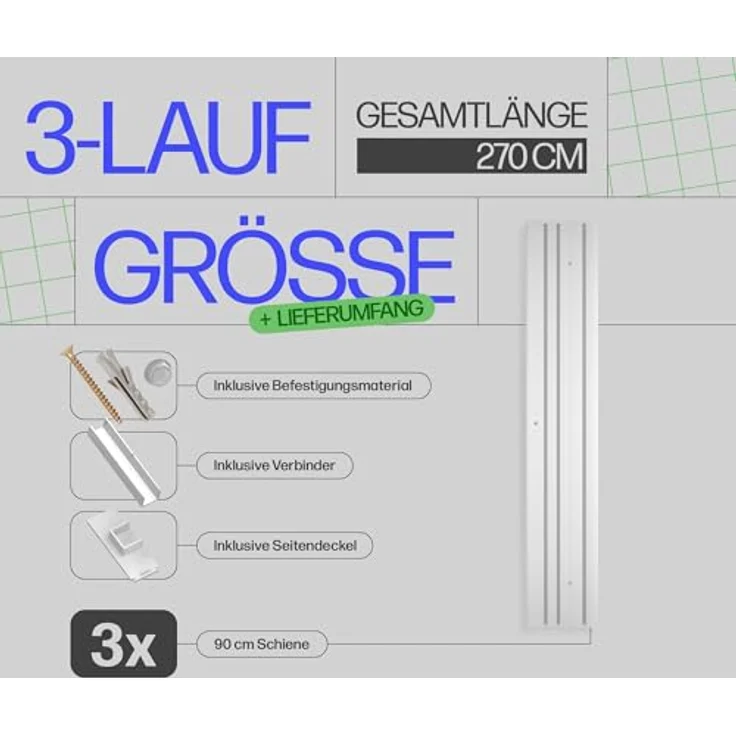 Bestlivings Gardinenschiene ( Weiß ) 270cm (3x90cm) 3-läufig – Bild 3