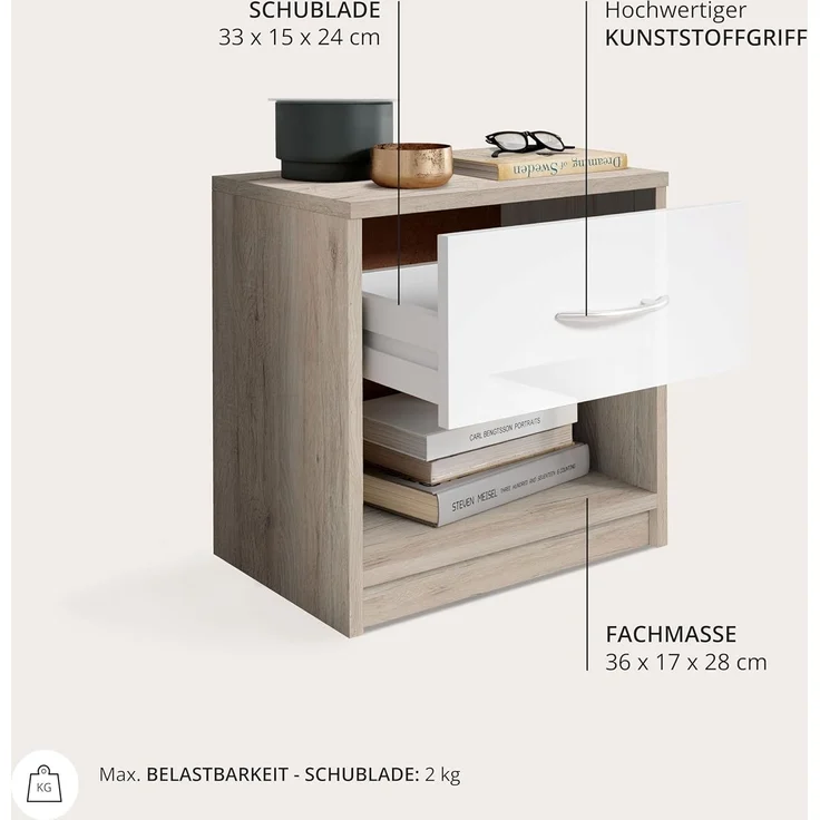 Polpower 'Pepe' Nachttisch, San Remo Optik/weiß, mit 1 Schublade, 39 x 41 x 28 cm – Bild 4