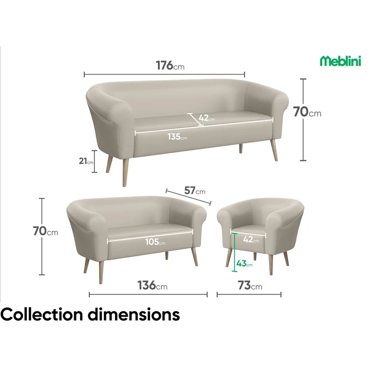 MEBLINI Sofa-Set EMILIA 3+2+1 - Beige Kunstleder - für Wohnzimmer - Mini Lounge für sechs Personen - Küchensofa - Sofa Klein - Sitzgarnitur - Polstergarnitur - Sofagarnituren – Bild 7